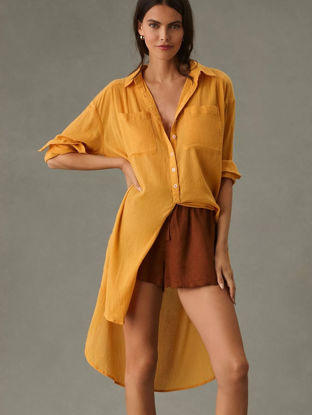Anthropologie Golden Mustard High-Low Button Duster Tunic Sz Small